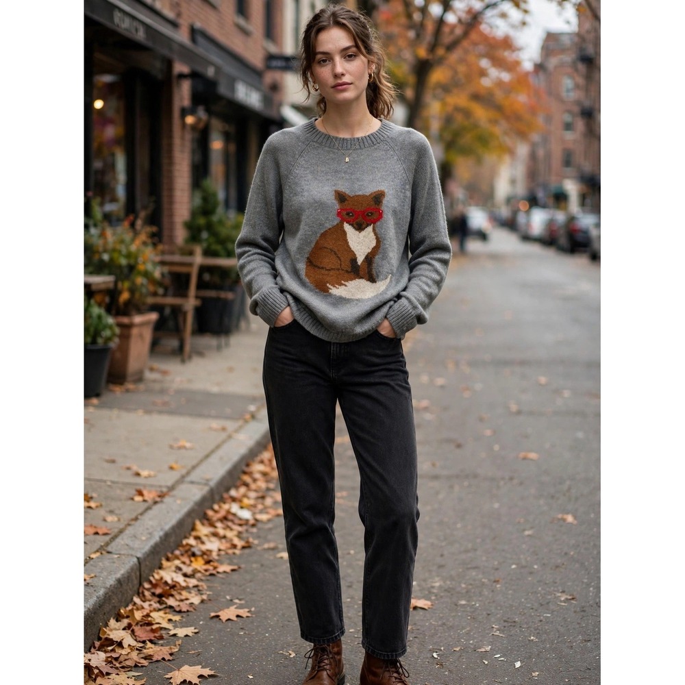 Woolrich Gray Intarsia Fox with Glasses Mohair Blend Sweater XS 9688 GRH